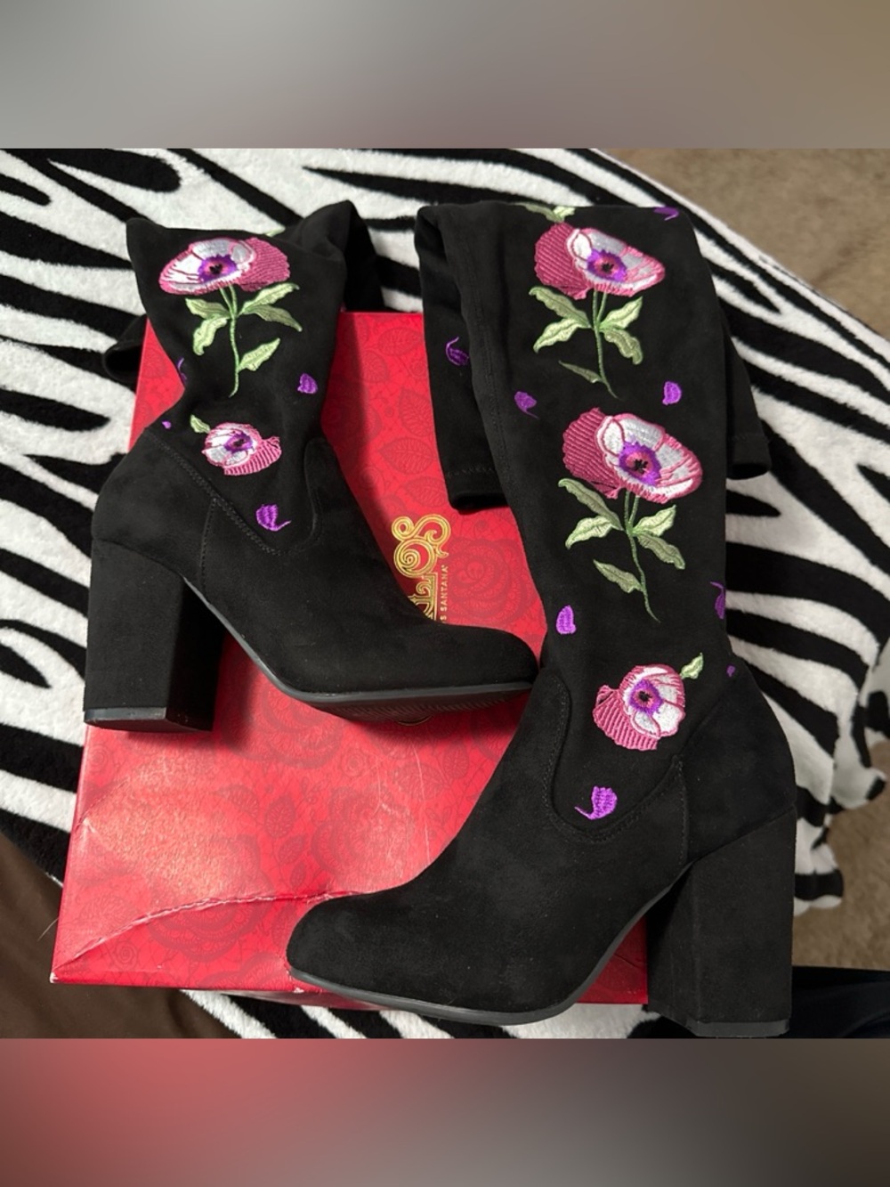 Embroidered Black Suede Knee-High Boots with Pink and Purple Floral Detail